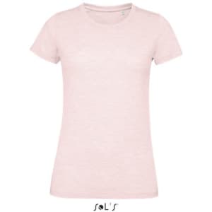A women's T-shirt in a light pink hue made from 100% semi-spun combed ring spun cotton, featuring a logo.
