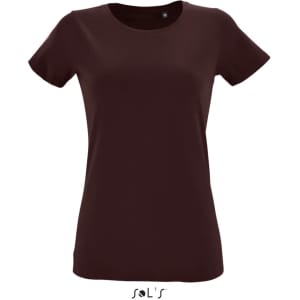A burgundy women's T-shirt made from 100% semi-spun combed ring-spun cotton, featuring a logo.