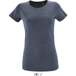 A women's T-shirt in a dark blue shade made from 100% semi-spun combed ring-spun cotton. It features a logo.