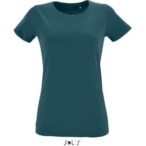A women's T-shirt in a deep teal colour, made of 100% semi spun combed ring spun cotton, featuring a logo.