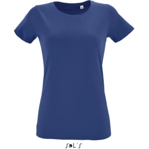 A women's t-shirt in a deep blue colour, made from 100% semi spun combed ring spun cotton, featuring a logo.