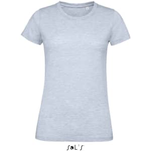 A women's T-shirt in light grey, made from 100% semi spun combed ring spun cotton, featuring a logo.