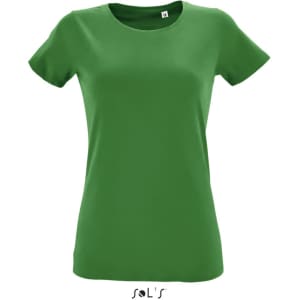 A green women's T-shirt made from 100% semi-spun combed ring-spun cotton, featuring a logo.