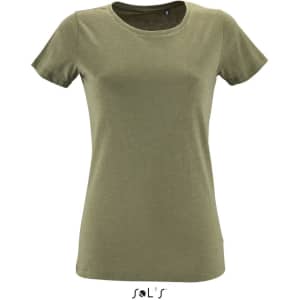 A women's T-shirt in olive green, made from 100% semi-spun combed ring-spun cotton, featuring a logo.