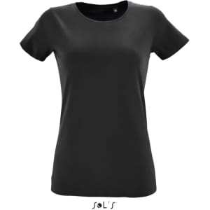A black women's T-shirt made from 100% semi spun combed ring spun cotton, featuring a logo at the bottom.