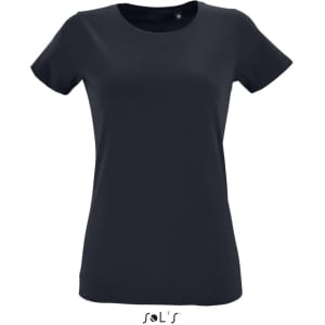 A women's T-shirt in navy blue, made from 100% semi spun combed ring spun cotton, featuring a logo.
