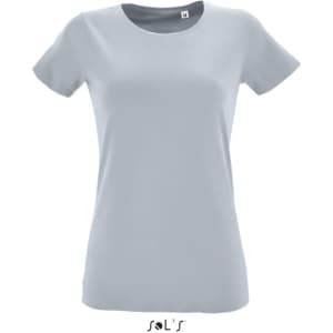 A light grey women's T-shirt made from 100% semi spun combed ring spun cotton, featuring a logo.