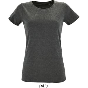 A women's T-shirt in dark grey, made from 100% semi spun combed ring spun cotton, featuring a logo.