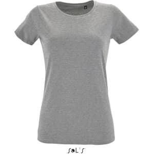 A women's T-shirt in grey, made from 100% semi spun combed ring spun cotton, featuring a small logo.