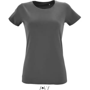 A women's T-shirt in grey, made from 100% semi spun combed ring spun cotton, featuring a logo.