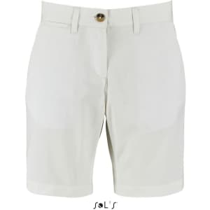 Chino-style women's shorts in light beige with a front button and pockets, featuring a logo at the bottom.