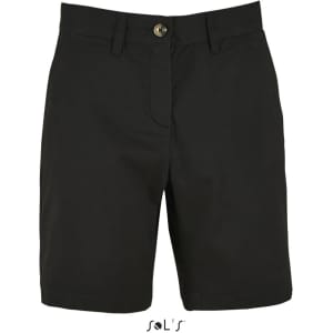 Chino style shorts for women in black, featuring a button closure and pockets. Includes a logo at the bottom.
