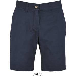 Chino-style women's shorts in navy blue with a front button closure and logo on the lower side.