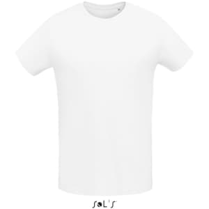 A white men's round neck T-shirt made from 100% semi-combed ring spun cotton with a branding logo.