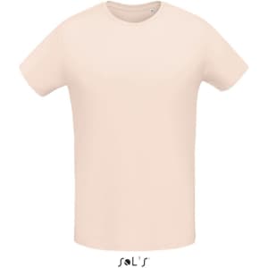 A cream-coloured men's round neck T-shirt made of 100% semi-combed ring spun cotton, featuring a logo.