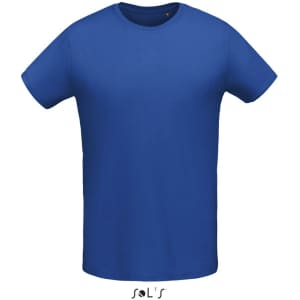 A blue men's round neck T-shirt made from 100% semi-combed ring spun cotton, with a logo at the bottom.