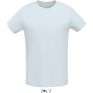 A light blue men's round neck T-shirt made of 100% semi-combed ring spun cotton. Features a logo at the bottom.