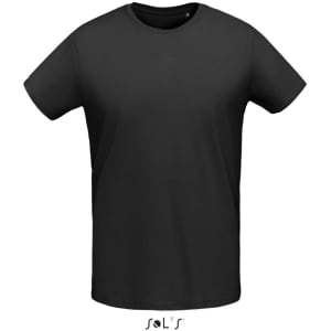 A black men's round neck T-shirt made of 100% semi-combed ring spun cotton with a logo.