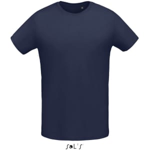 A navy blue men's round neck T-shirt made of 100% semi-combed ring spun cotton, featuring a logo.
