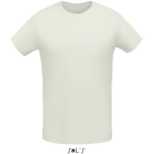 A light-coloured men's round neck T-shirt made of 100% semi-combed ring spun cotton, featuring a logo.