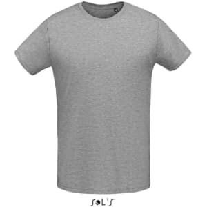 A grey men's round neck T-shirt made from 100% semi-combed ring-spun cotton, featuring a logo.