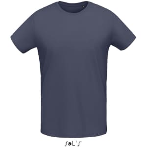A navy blue men's round neck T-shirt made from 100% semi-combed ring spun cotton, featuring a logo.