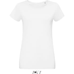 A white women's round neck t-shirt made of 100% semi-combed ring spun cotton with a brand logo.