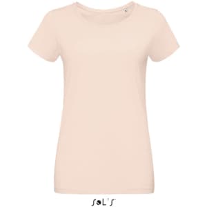A women's round neck T-shirt in soft pink made of 100% semi-combed ring-spun cotton, featuring a logo.