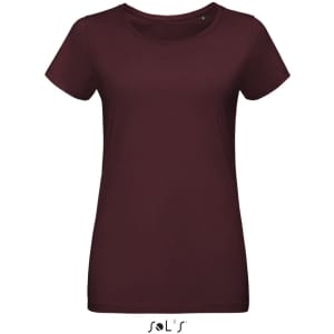 A burgundy women's round neck T-shirt made from 100% semi-combed ring spun cotton. Features a logo.