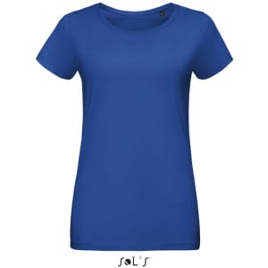A women's round neck T-shirt in blue, made from 100% semi-combed ring spun cotton, featuring a logo.