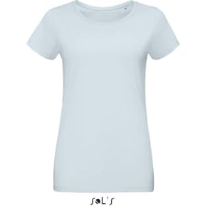 A light blue women's round neck T-shirt made from 100% semi-combed ring spun cotton, featuring a logo.