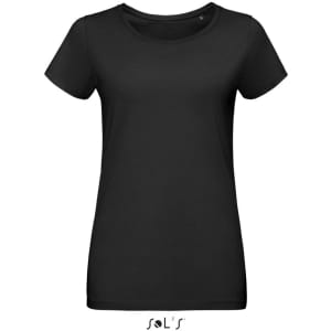 A women's black round neck T-shirt made from 100% semi-combed ring spun cotton, featuring a logo.