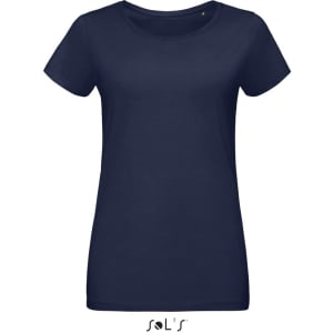 A navy women's round neck T-shirt made from 100% semi combed ring spun cotton with a logo at the bottom.