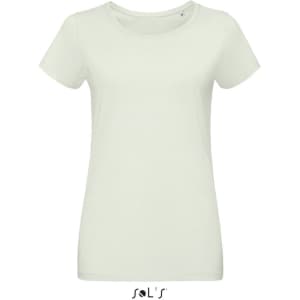 A women's round neck T-shirt in a light green shade, made of 100% semi-combed ring spun cotton, with a logo.