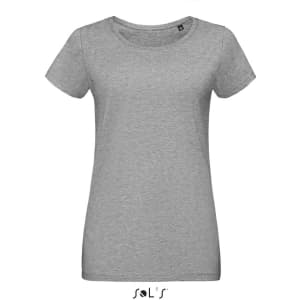 A women's round neck T-shirt in grey, made from 100% semi combed ring spun cotton, featuring a logo.