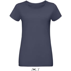 Women's round neck T-shirt in navy blue, made from 100% semi combed ring spun cotton, featuring a brand logo.