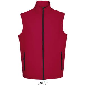 A red men's softshell vest with a high collar and two zippered pockets, featuring a logo.