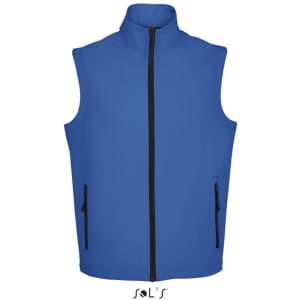 A men's softshell vest in blue with a full zip and two zippered pockets, featuring a logo.
