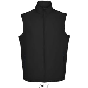 A black men's softshell vest with a zip front and two side pockets, featuring a branding logo.