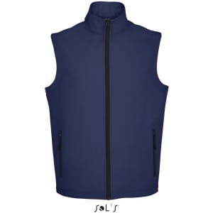A navy men's softshell vest with a high collar and two side zip pockets. It features a logo on the front.