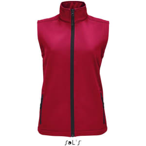 A women's softshell vest in red with a high collar and zippered pockets, featuring a logo.