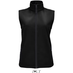 A black women's softshell vest with a high collar and zip closure, featuring two side pockets and a logo.