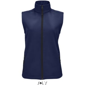 A women's softshell vest in navy blue with a zip front and side pockets, featuring a branding logo.