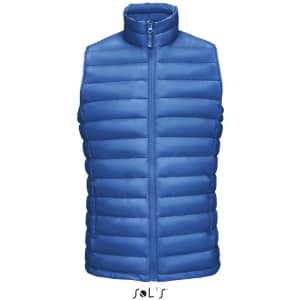 A blue puffer vest featuring a zip front and a collar, made of 90% down and 10% feathers, with a logo.
