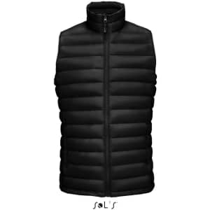 A black puffer vest featuring a zip-up front, made of 90% down and 10% feathers. It includes a stand-up collar and branding.