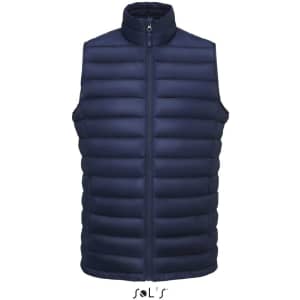 A navy blue puffer vest featuring a zip front and high collar, filled with 90% down and 10% feathers, with branding.