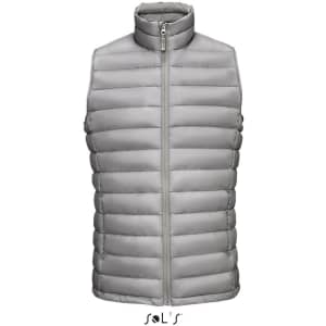 A grey puffer vest featuring a zip front and high collar, made of 90% down and 10% feathers, with a logo.