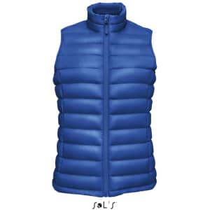A blue women's puffer vest made of 90% down and 10% feathers, featuring a zip closure and a stand-up collar.