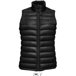 A black women's puffer vest featuring a high collar and zip closure, with a quilted design and branding.