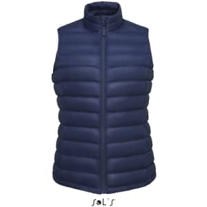 A women's navy puffer vest featuring a zip front and padded design. The vest has a logo on it.